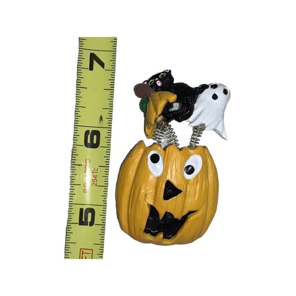Halloween Pumpkin Jack-O-lantern Pin with Spring attached Ghost & Black Cat - Picture 1 of 4